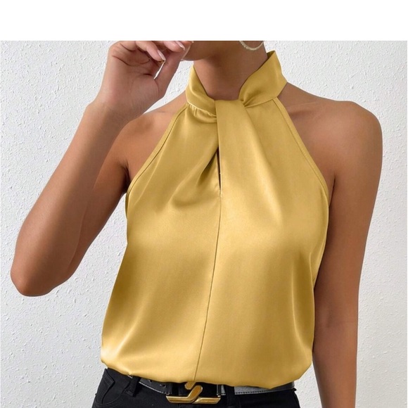 Luxe Satin Mock Neck Halter Sleeveless Top Blouse Shirt Black - Picture 8 of 12